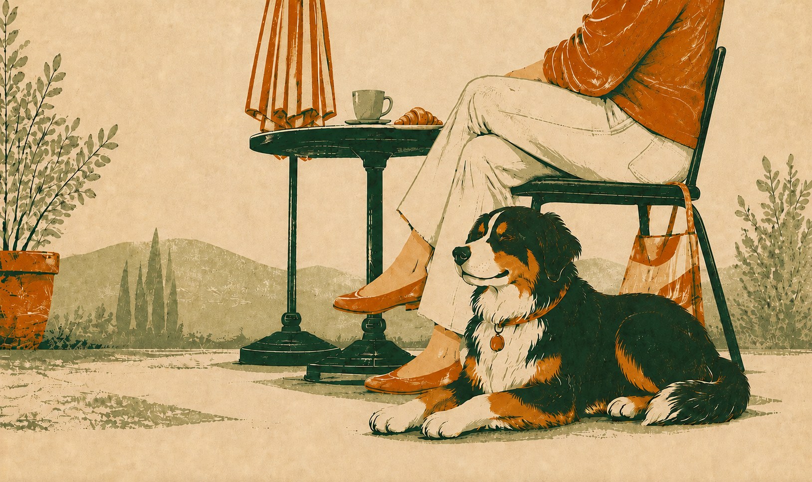 A dog rests beside its seated person and a café table with coffee and a croissant, beneath a folded orange parasol.