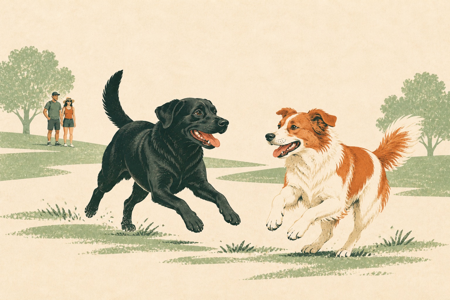 Two off-leash dogs frolic in a park, with softly suggested grass and trees and their owners watching from a distance.